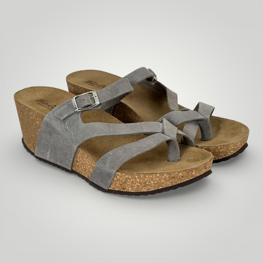 Bio-Gold Gray Suede Cork Wedge Sandals Womens 8 Italy Thong Comfort Shoes - Picture 3 of 14